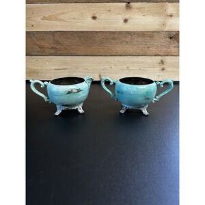 Silver Plated‎ Revamped Painted Footed Creamer & Sugar Bowl Boho Grunge Quirky